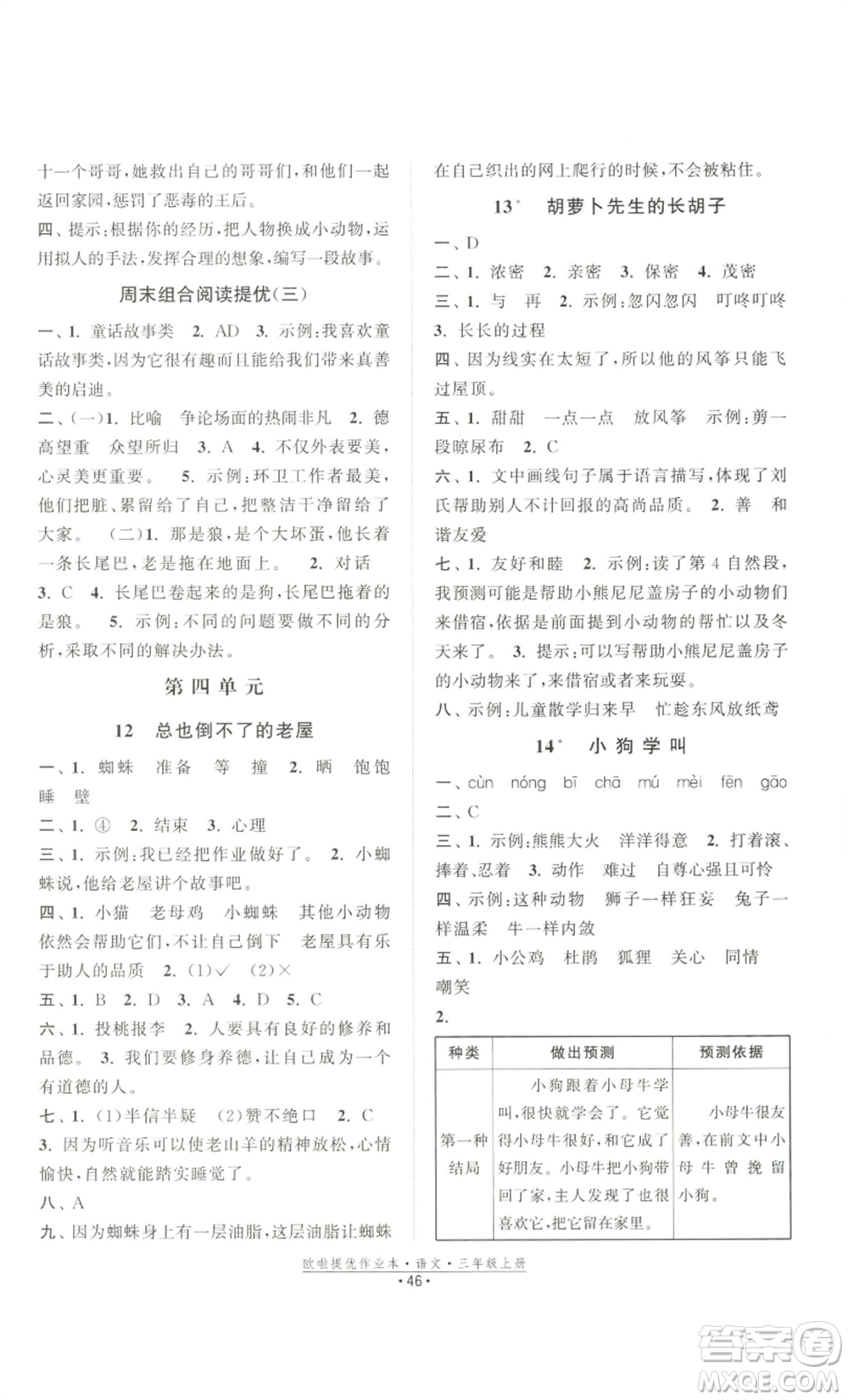 江蘇鳳凰美術(shù)出版社2022歐啦提優(yōu)作業(yè)本三年級(jí)上冊(cè)語(yǔ)文人教版參考答案