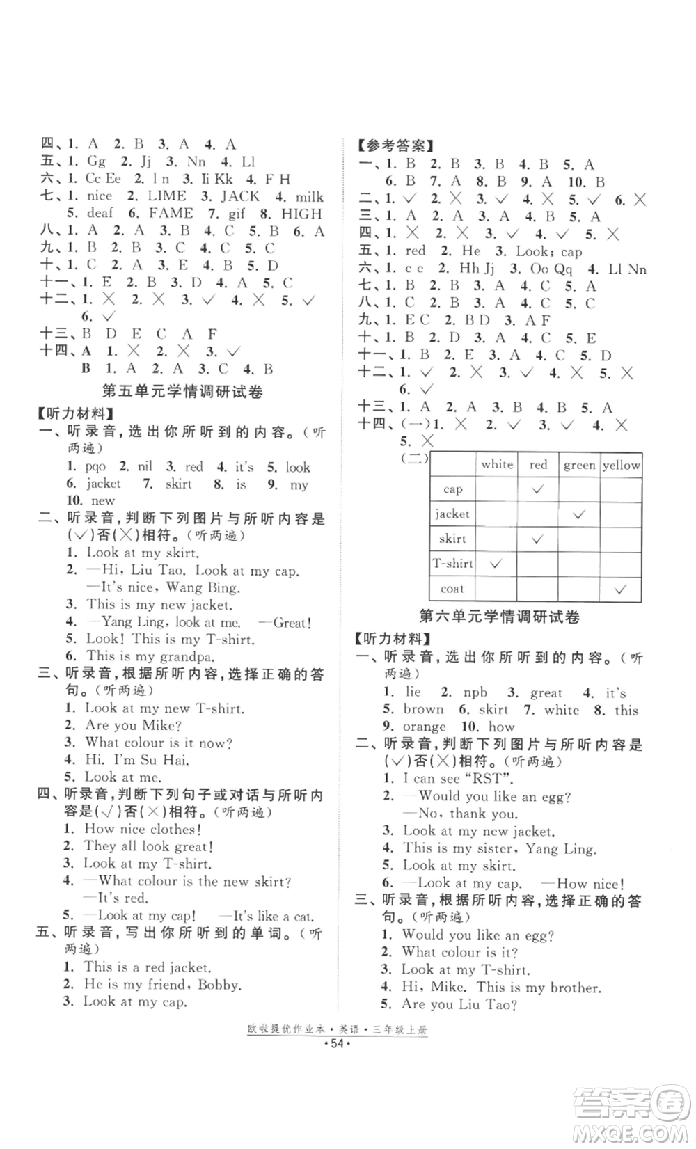 江蘇鳳凰美術(shù)出版社2022歐啦提優(yōu)作業(yè)本三年級(jí)上冊(cè)英語譯林版參考答案