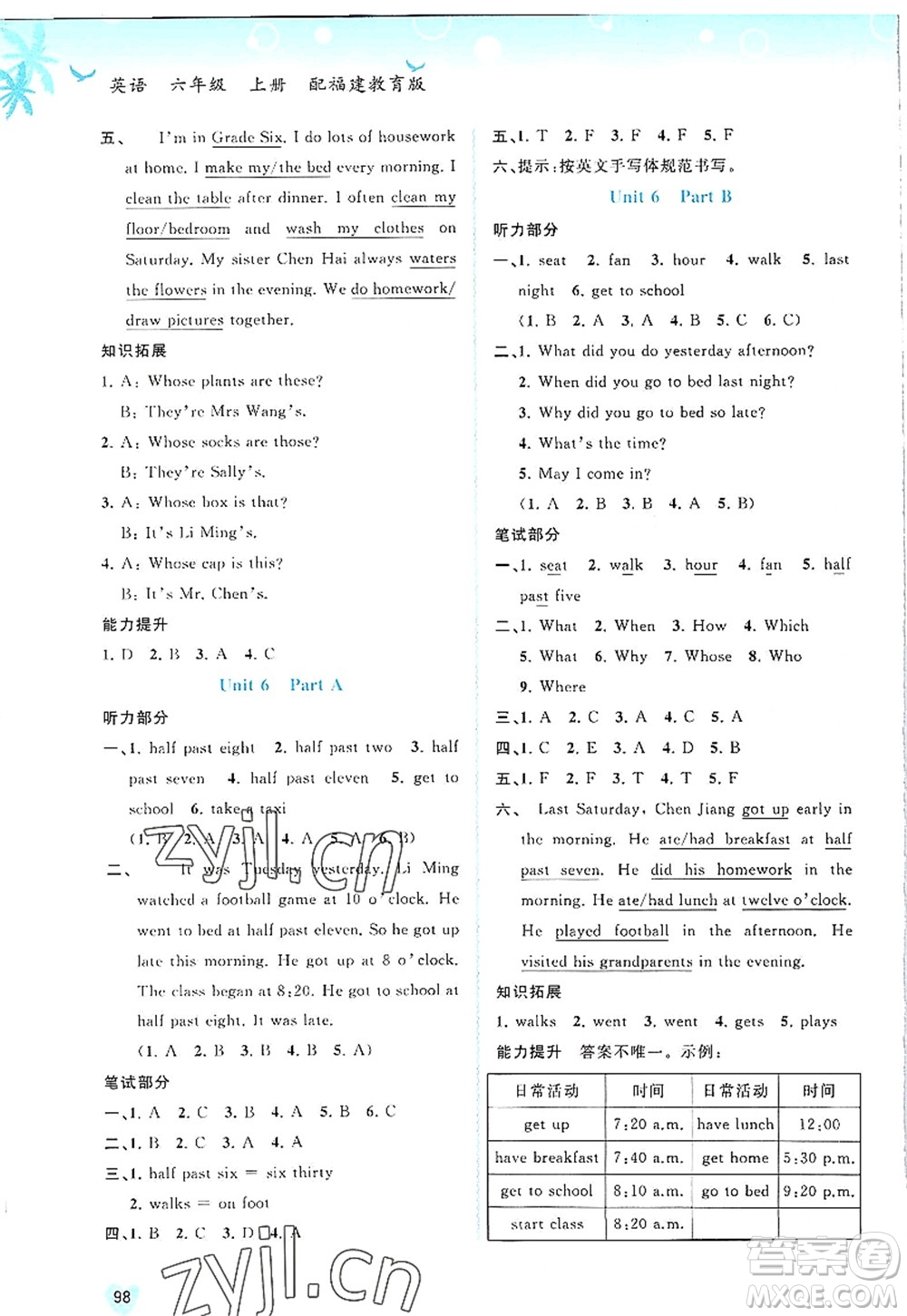 廣西師范大學(xué)出版社2022新課程學(xué)習(xí)與測評同步學(xué)習(xí)六年級英語上冊福建教育版答案