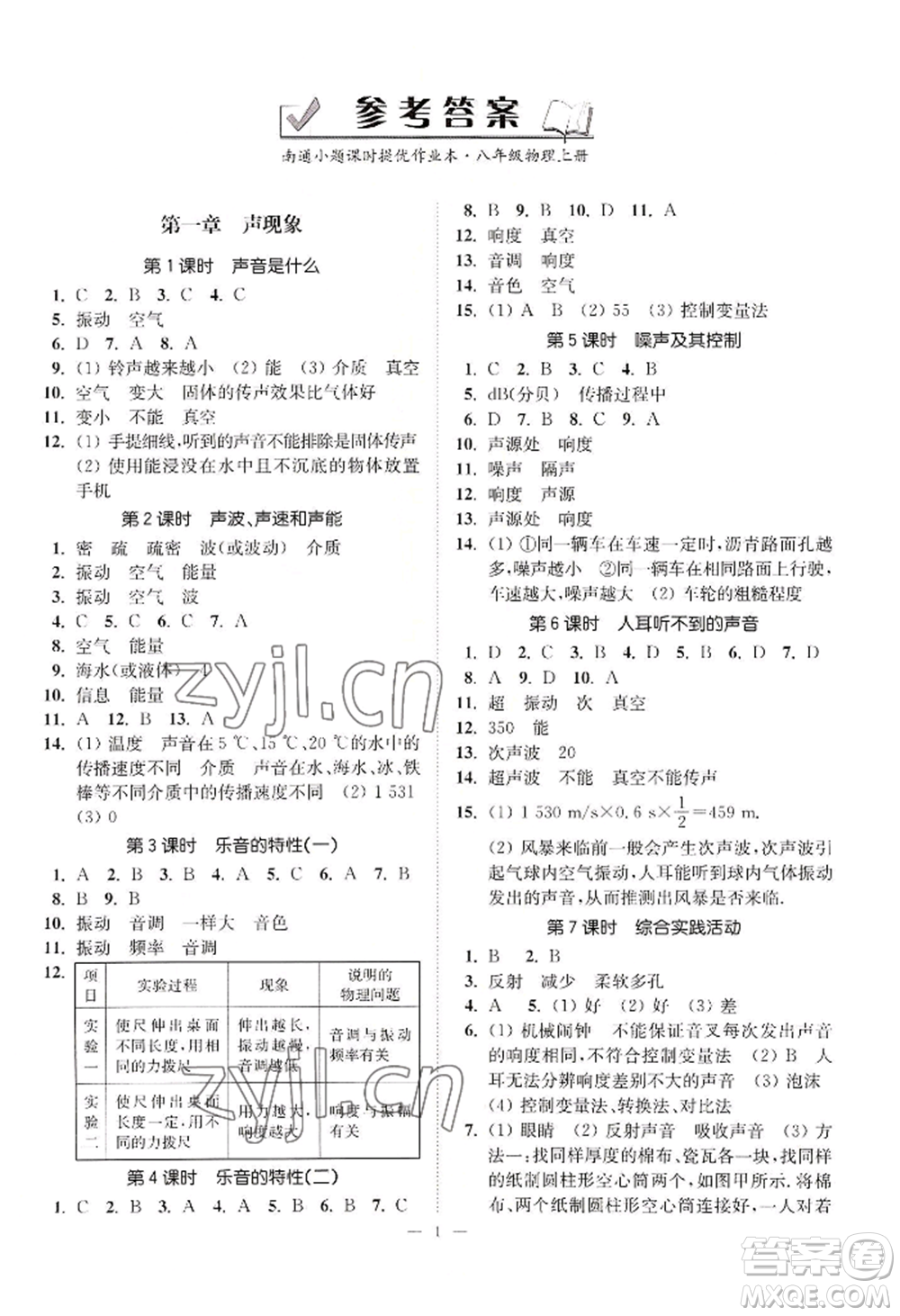 江蘇鳳凰美術(shù)出版社2022南通小題課時提優(yōu)作業(yè)本八年級上冊物理江蘇版參考答案