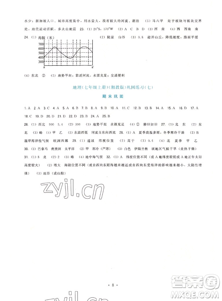 福建人民出版社2022秋頂尖課課練地理七年級(jí)上冊(cè)湘教版答案