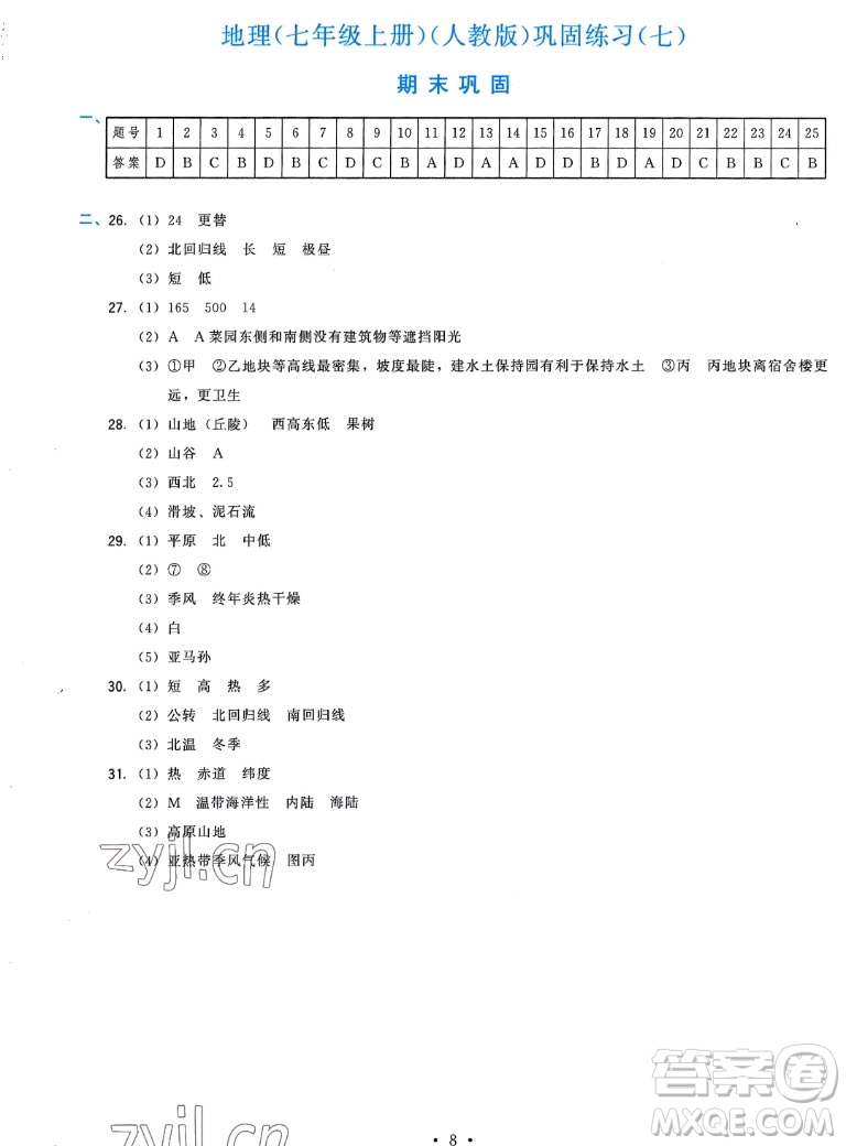 福建人民出版社2022秋頂尖課課練地理七年級上冊人教版答案