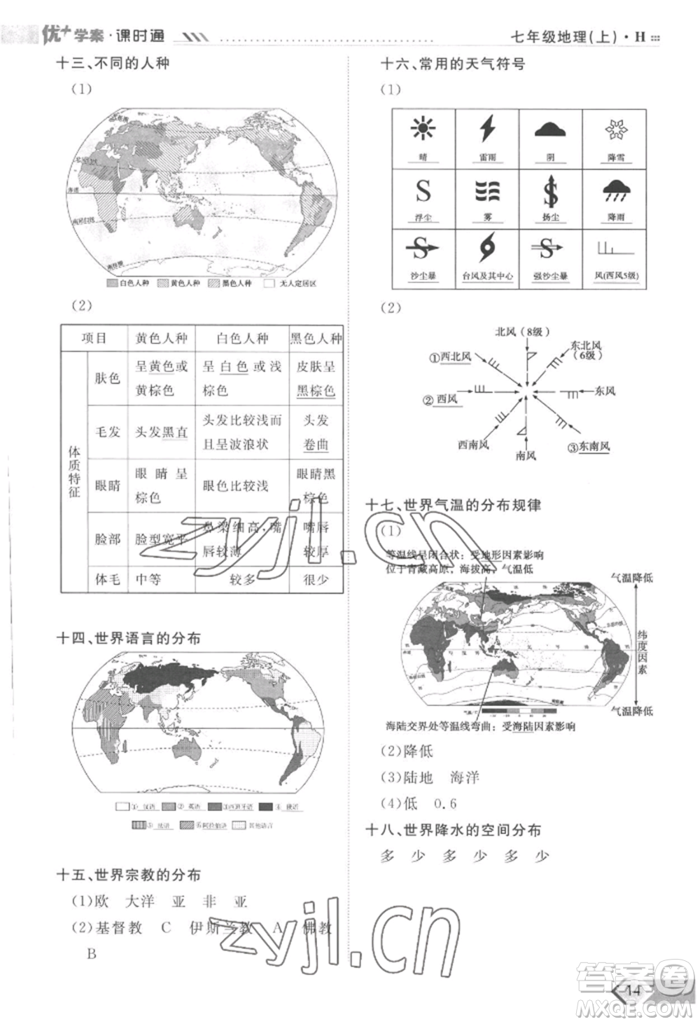 吉林教育出版社2022秋季優(yōu)+學(xué)案課時(shí)通七年級上冊地理H版參考答案