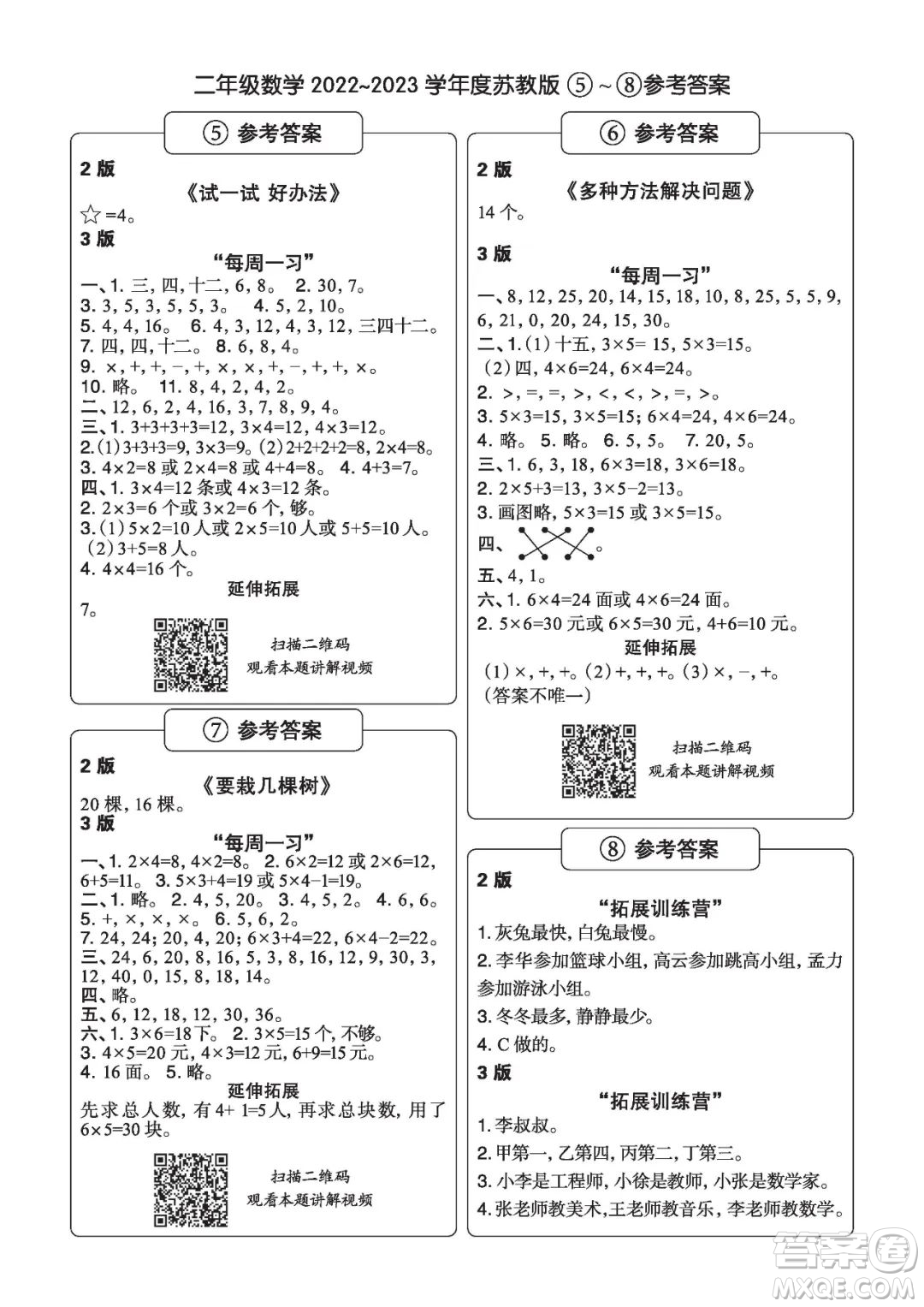 時代學(xué)習(xí)報數(shù)學(xué)周刊二年級2022-2023學(xué)年度蘇教版第1-8期參考答案