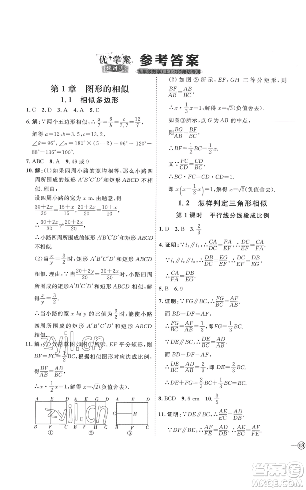 延邊教育出版社2022秋季優(yōu)+學(xué)案課時(shí)通九年級(jí)上冊(cè)數(shù)學(xué)青島版濰坊專版參考答案