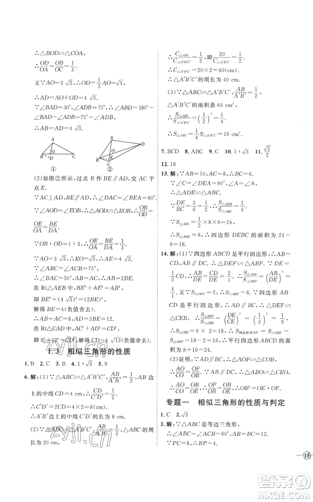 延邊教育出版社2022秋季優(yōu)+學(xué)案課時(shí)通九年級(jí)上冊(cè)數(shù)學(xué)青島版濰坊專版參考答案