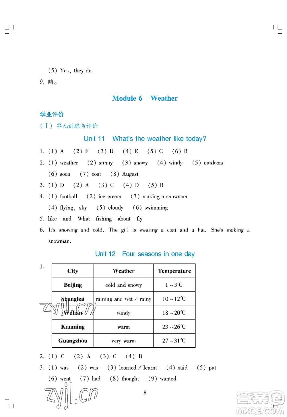 廣州出版社2022陽光學(xué)業(yè)評價(jià)五年級英語上冊教科版答案