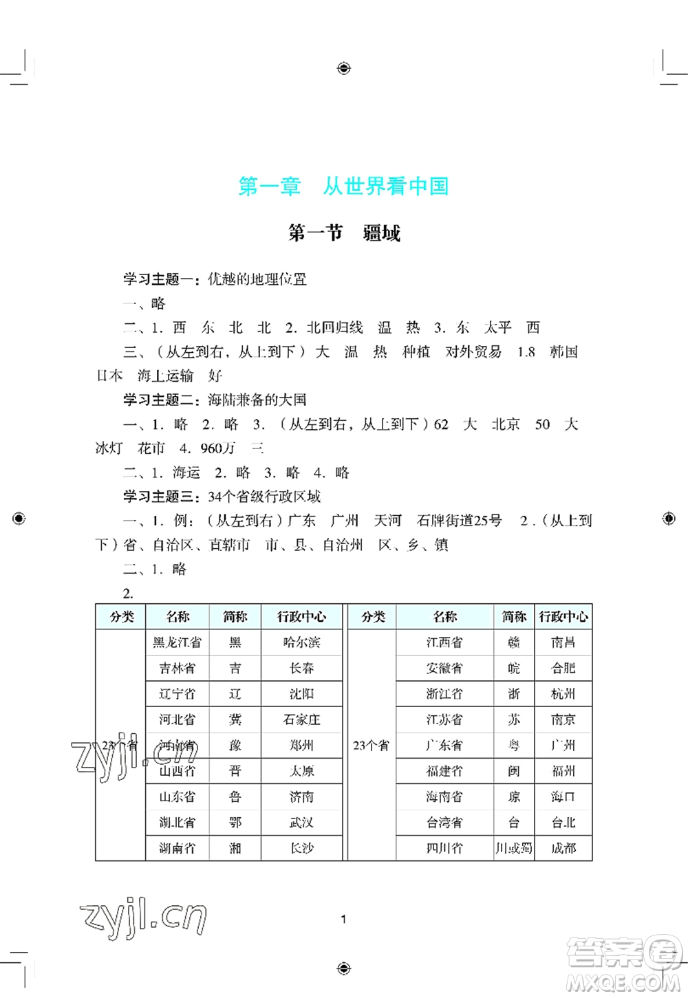 廣州出版社2022陽(yáng)光學(xué)業(yè)評(píng)價(jià)八年級(jí)地理上冊(cè)人教版答案