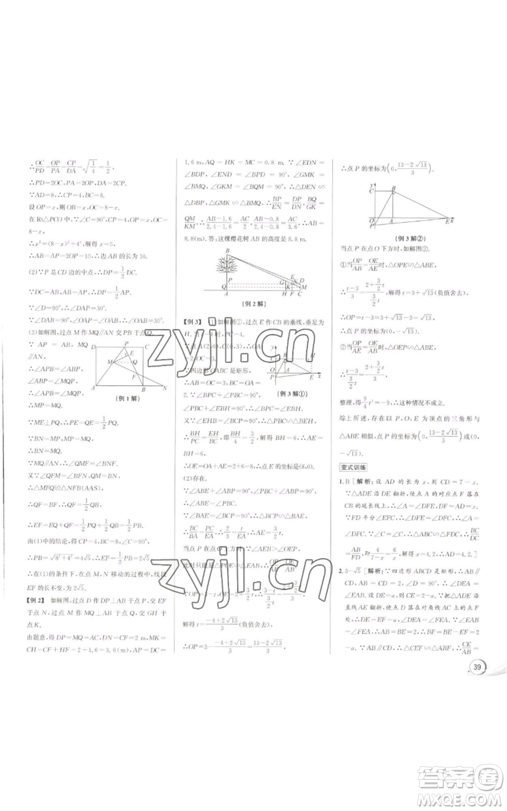 浙江人民出版社2022秋季優(yōu)+攻略九年級(jí)數(shù)學(xué)浙教版參考答案