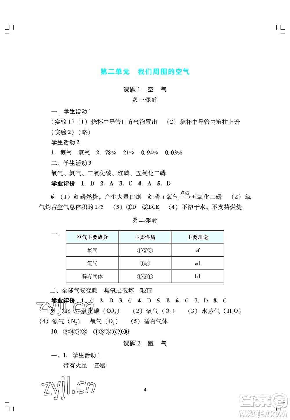 廣州出版社2022陽光學(xué)業(yè)評價九年級化學(xué)上冊人教版答案