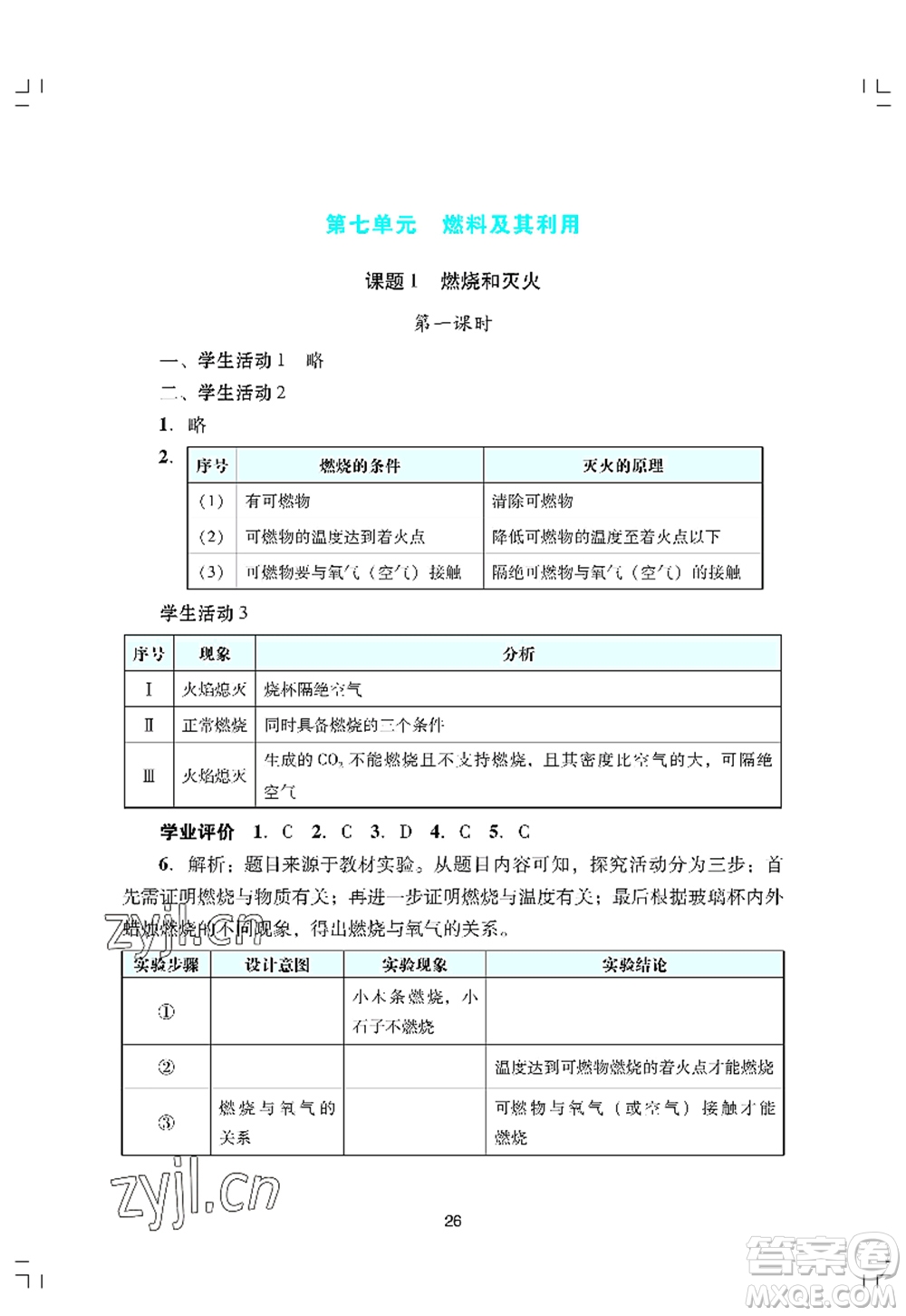 廣州出版社2022陽光學(xué)業(yè)評價九年級化學(xué)上冊人教版答案