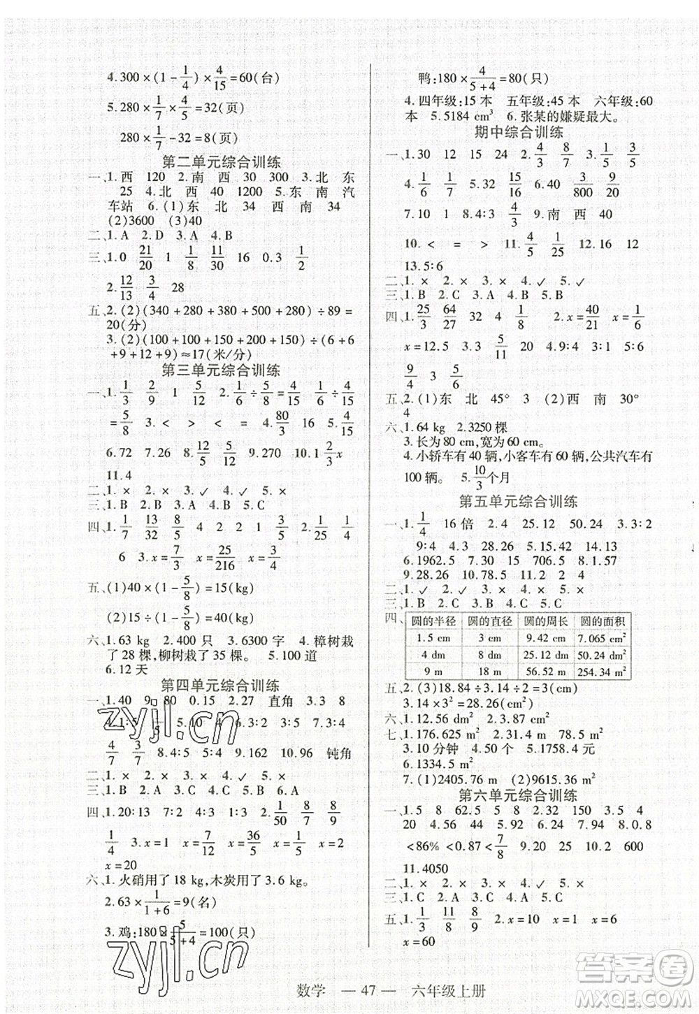 二十一世紀(jì)出版社2022新課程新練習(xí)六年級(jí)數(shù)學(xué)上冊(cè)人教版答案