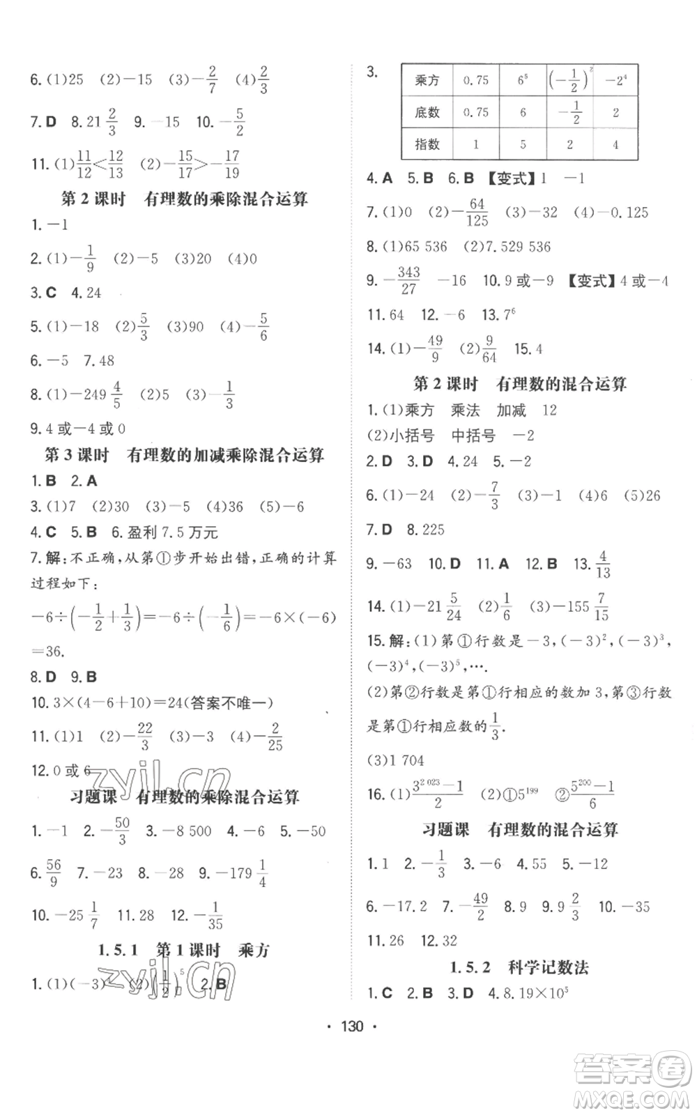 湖南教育出版社2022一本同步訓(xùn)練七年級上冊數(shù)學(xué)人教版參考答案