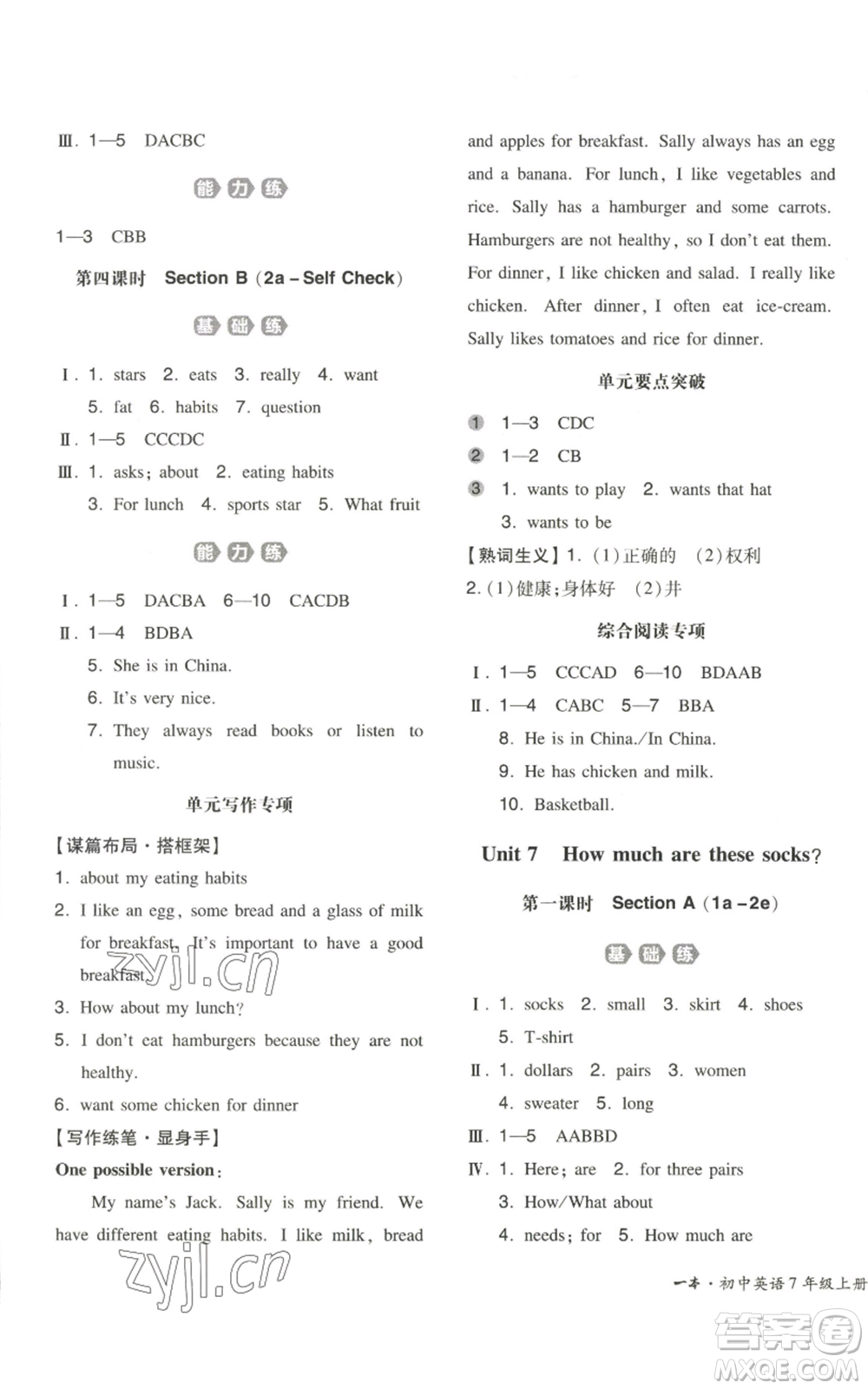 湖南教育出版社2022一本同步訓(xùn)練七年級上冊英語人教版安徽專版參考答案