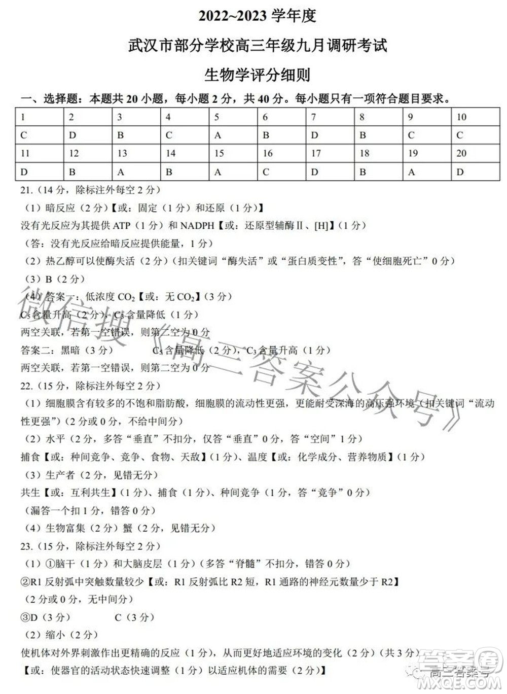 2022-2023學(xué)年度武漢市部分學(xué)校高三年級(jí)九月調(diào)研考試生物學(xué)答案