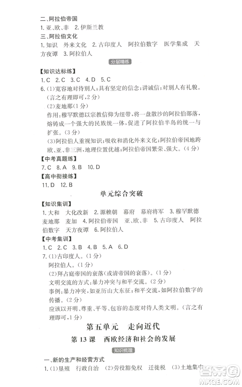 湖南教育出版社2022一本同步訓練九年級上冊歷史人教版安徽專版參考答案