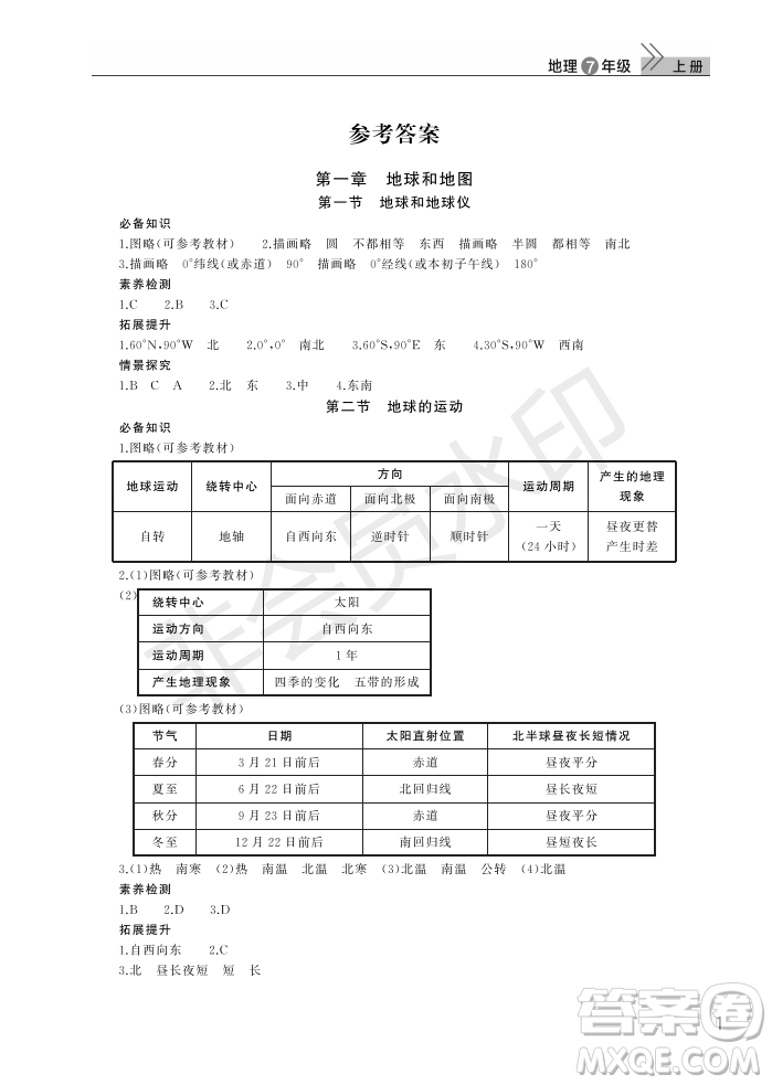 武漢出版社2022智慧學(xué)習(xí)天天向上課堂作業(yè)七年級(jí)地理上冊(cè)人教版答案