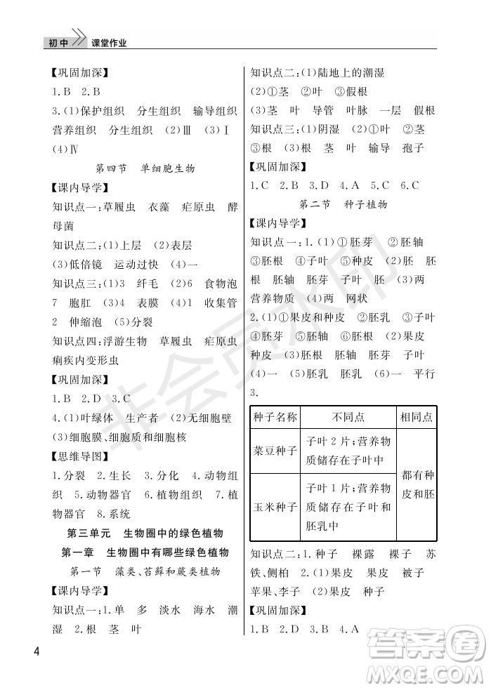 武漢出版社2022智慧學(xué)習(xí)天天向上課堂作業(yè)七年級(jí)生物上冊(cè)人教版答案