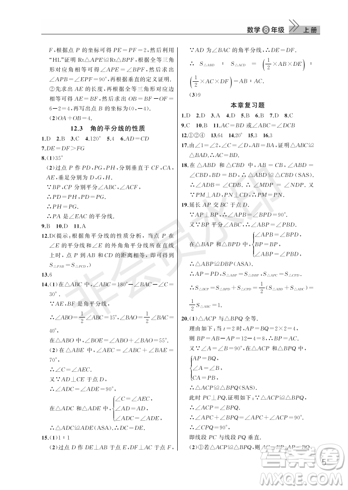 武漢出版社2022智慧學習天天向上課堂作業(yè)八年級數(shù)學上冊人教版答案