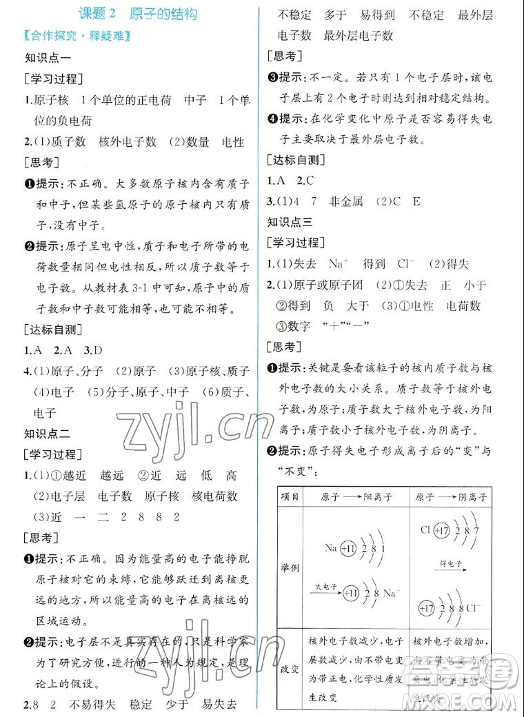 人民教育出版社2022秋同步學(xué)歷案課時練化學(xué)九年級上冊人教版答案