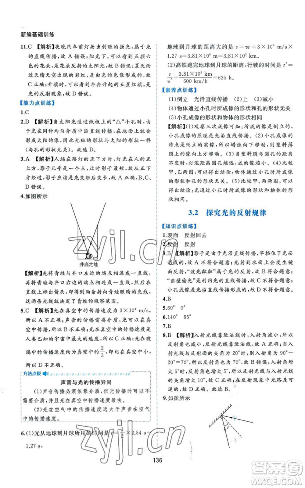 黃山書社2022新編基礎(chǔ)訓(xùn)練八年級上冊物理滬粵版參考答案