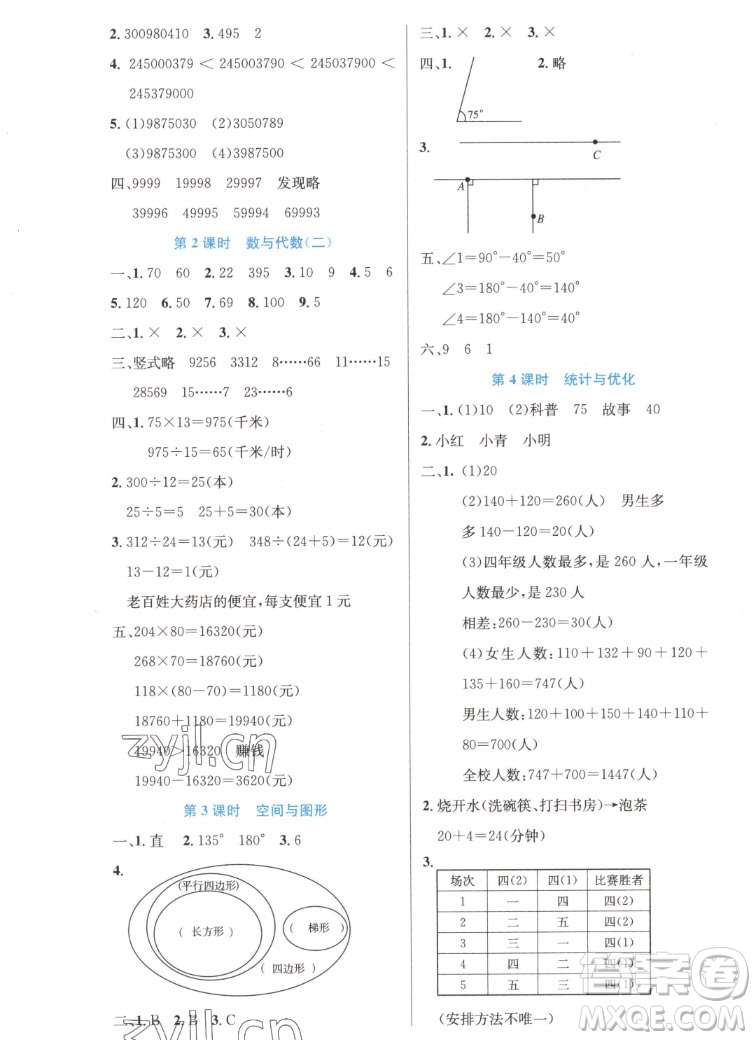 人民教育出版社2022秋小學(xué)同步測控優(yōu)化設(shè)計數(shù)學(xué)四年級上冊增強版答案