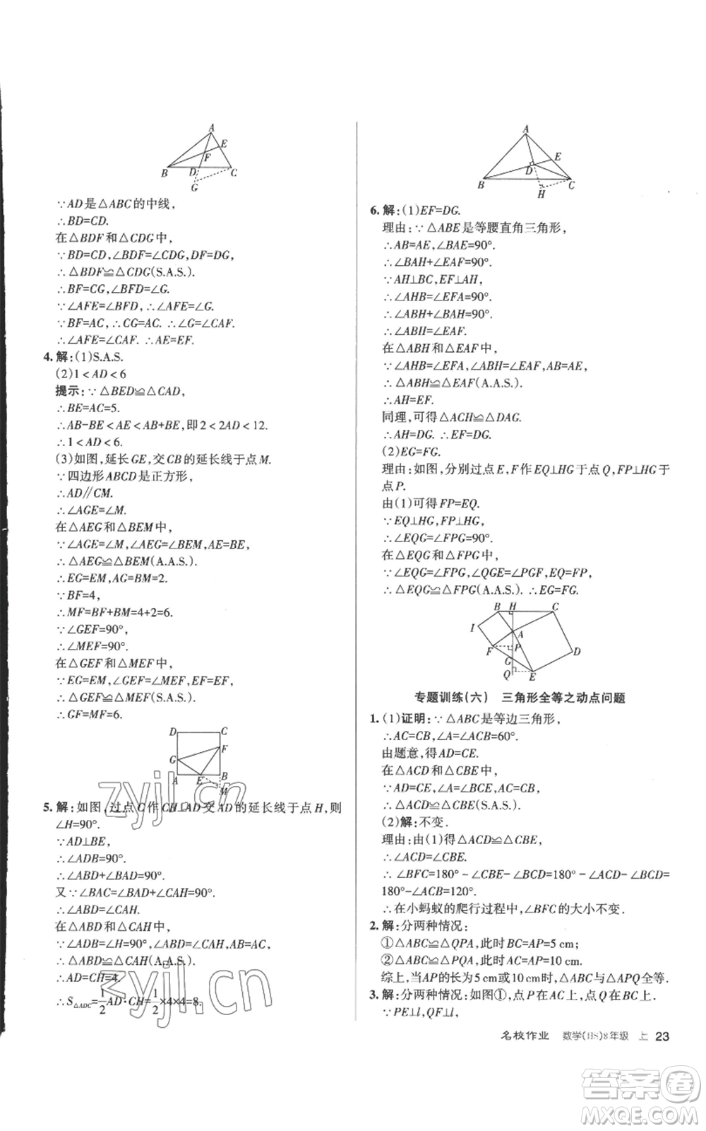 北京教育出版社2022秋季名校作業(yè)八年級(jí)上冊(cè)數(shù)學(xué)華師大版參考答案