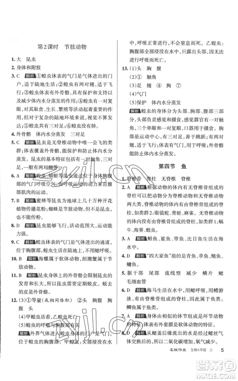 北京教育出版社2022秋季名校作業(yè)八年級上冊生物人教版參考答案