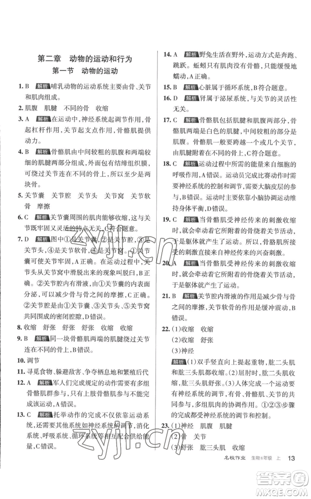 北京教育出版社2022秋季名校作業(yè)八年級上冊生物人教版參考答案