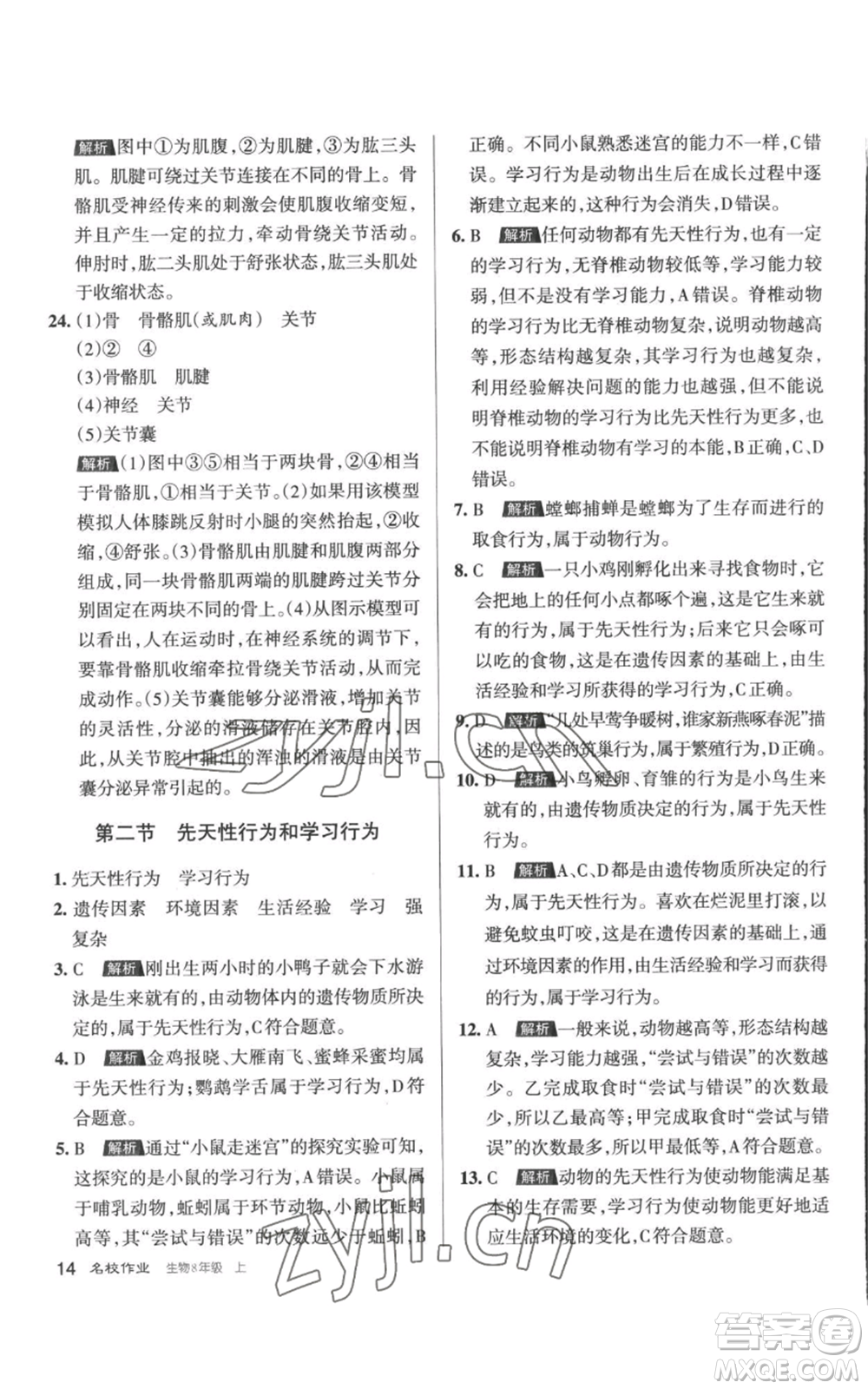 北京教育出版社2022秋季名校作業(yè)八年級上冊生物人教版參考答案