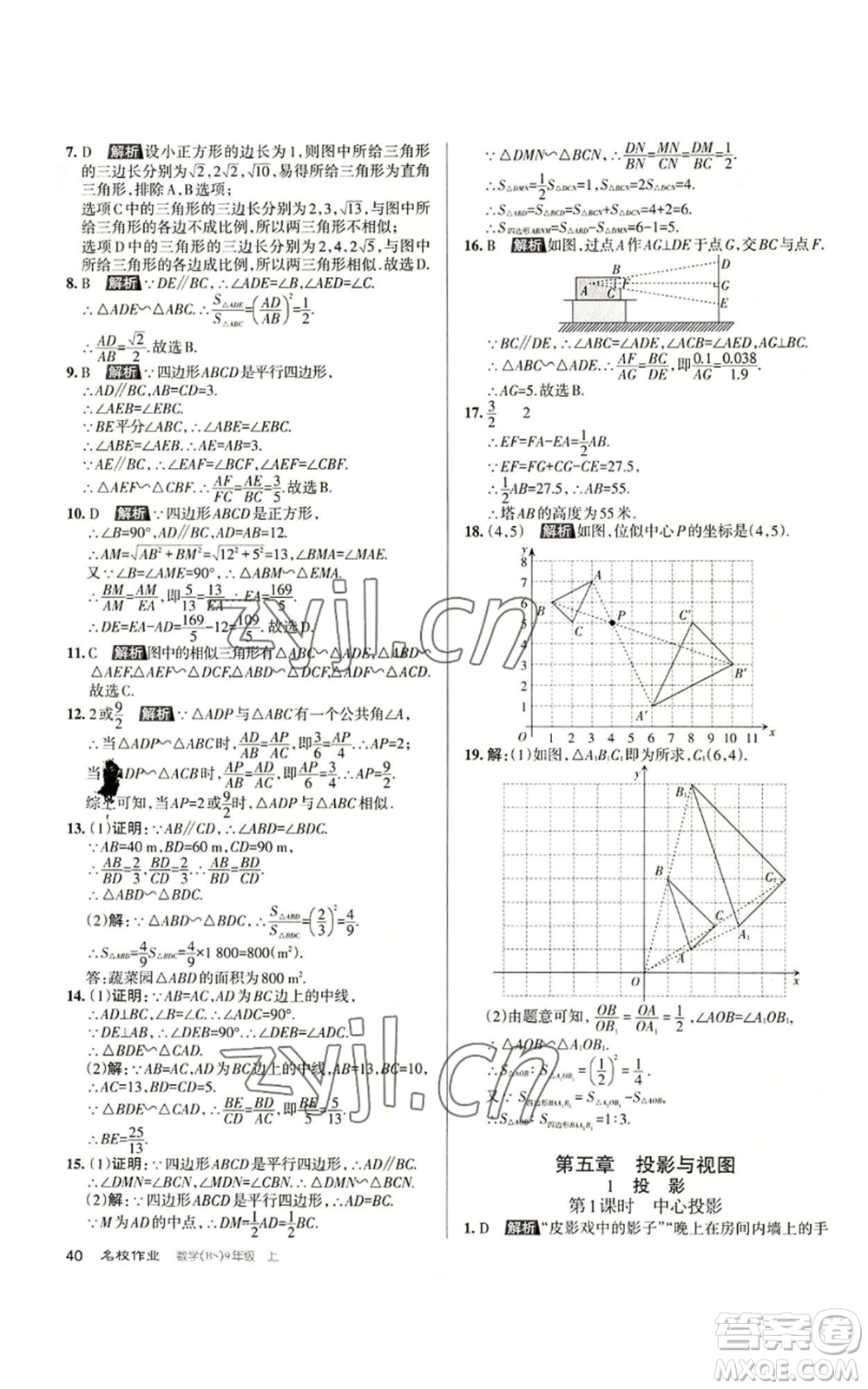 北京教育出版社2022秋季名校作業(yè)九年級上冊數(shù)學(xué)北師大版參考答案