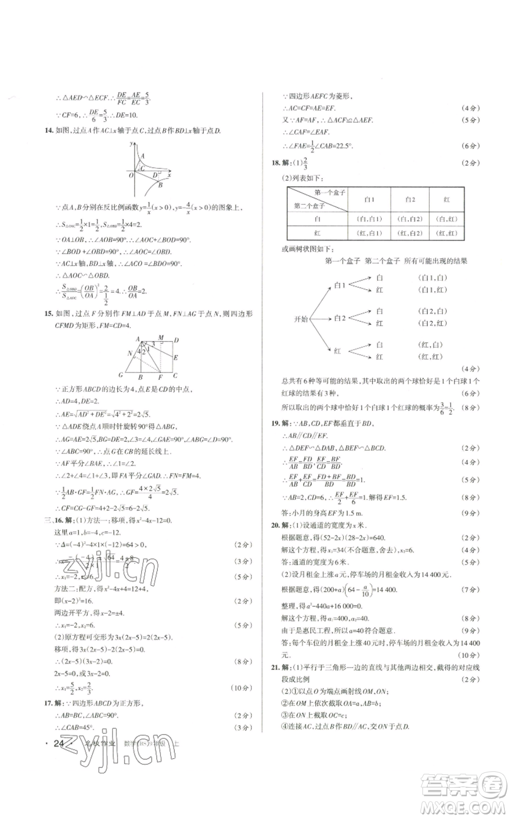 北京教育出版社2022秋季名校作業(yè)九年級上冊數(shù)學(xué)北師大版參考答案