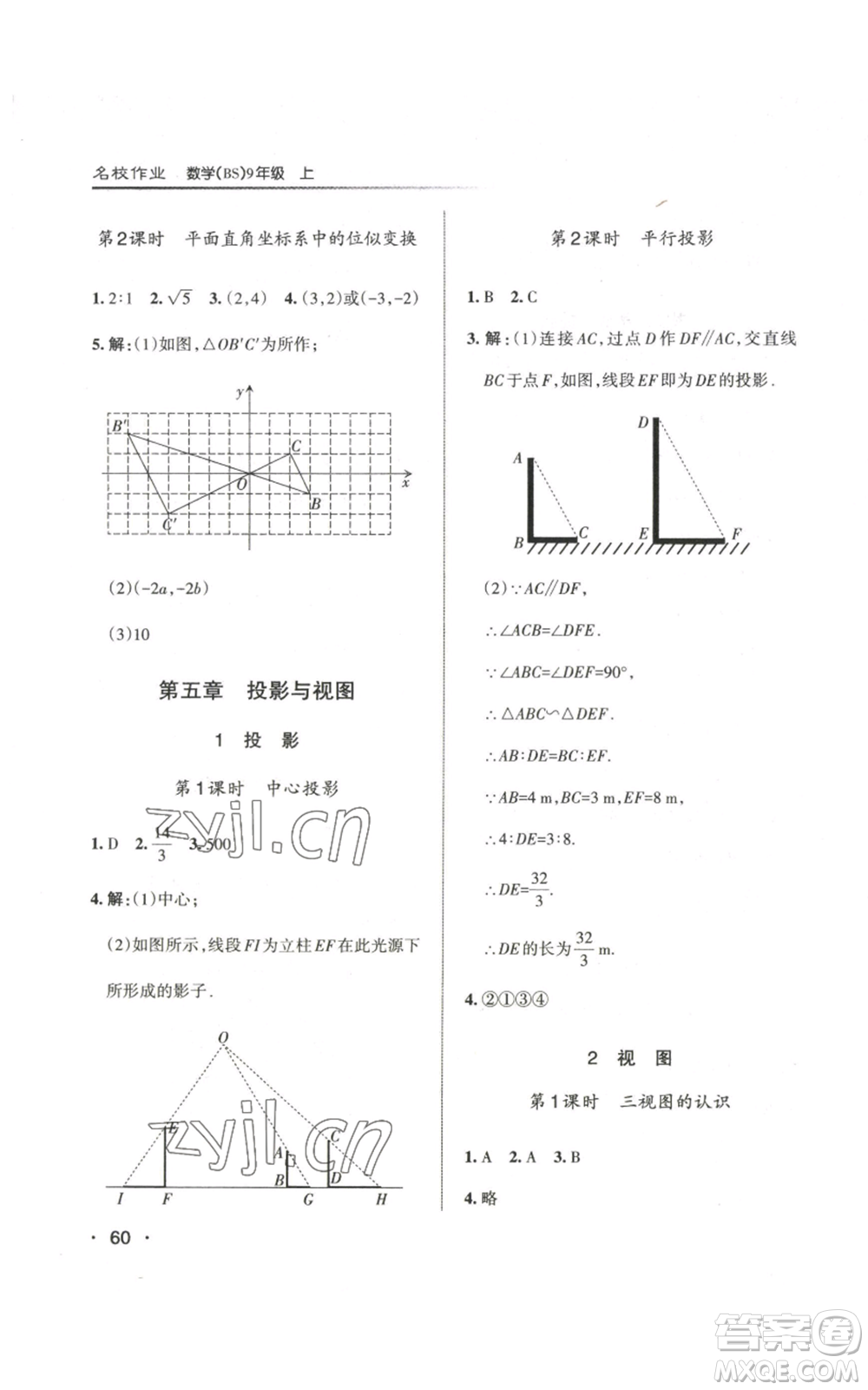 北京教育出版社2022秋季名校作業(yè)九年級上冊數(shù)學(xué)北師大版參考答案