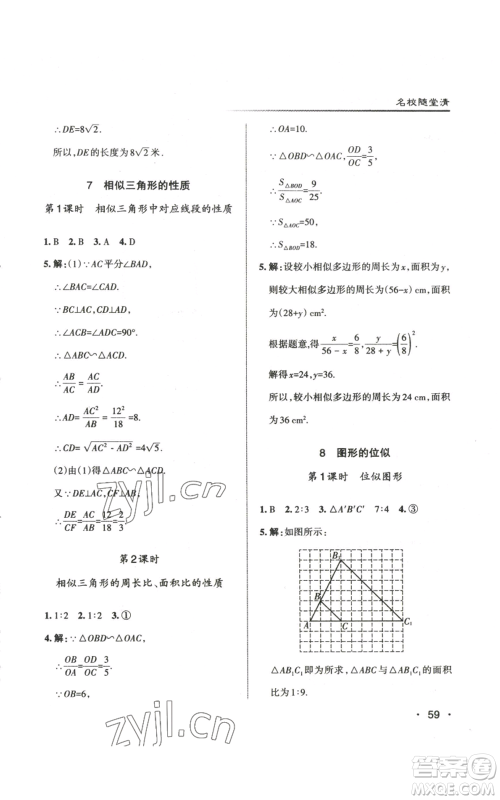 北京教育出版社2022秋季名校作業(yè)九年級上冊數(shù)學(xué)北師大版參考答案