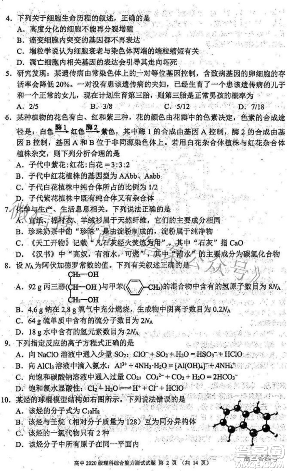 蓉城名校聯(lián)盟2022-2023學(xué)年度上期高中2020級入學(xué)聯(lián)考理科綜合試題及答案