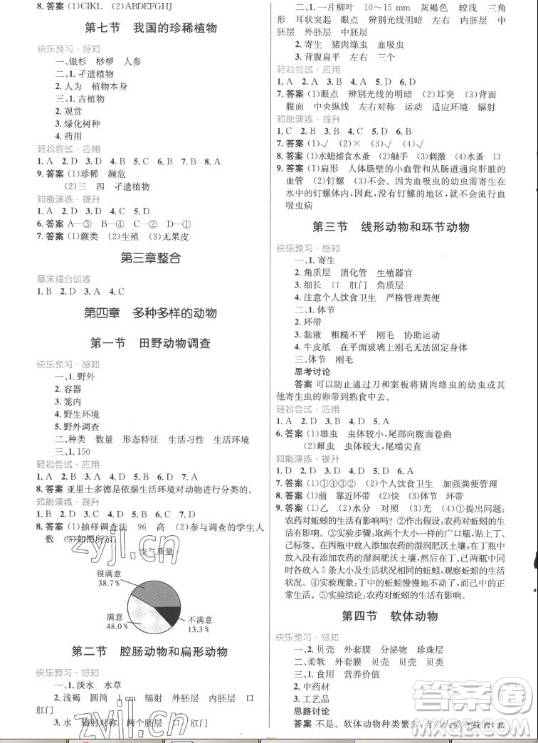 知識出版社2022秋初中同步測控優(yōu)化設(shè)計生物七年級上冊冀少版福建專版答案