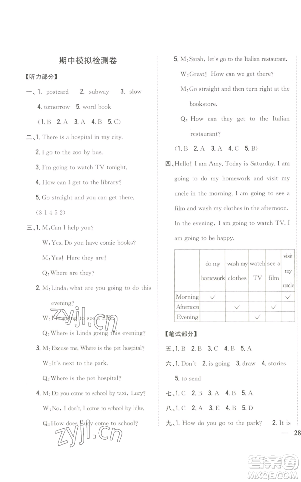 吉林人民出版社2022全科王同步課時練習(xí)六年級上冊英語人教版參考答案