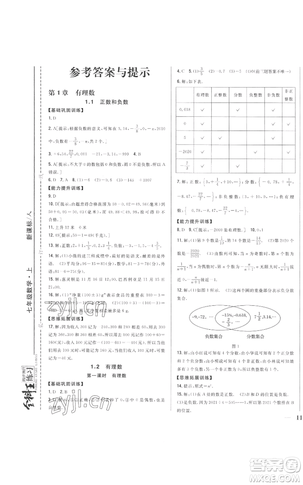 吉林人民出版社2022全科王同步課時(shí)練習(xí)七年級(jí)上冊數(shù)學(xué)人教版參考答案