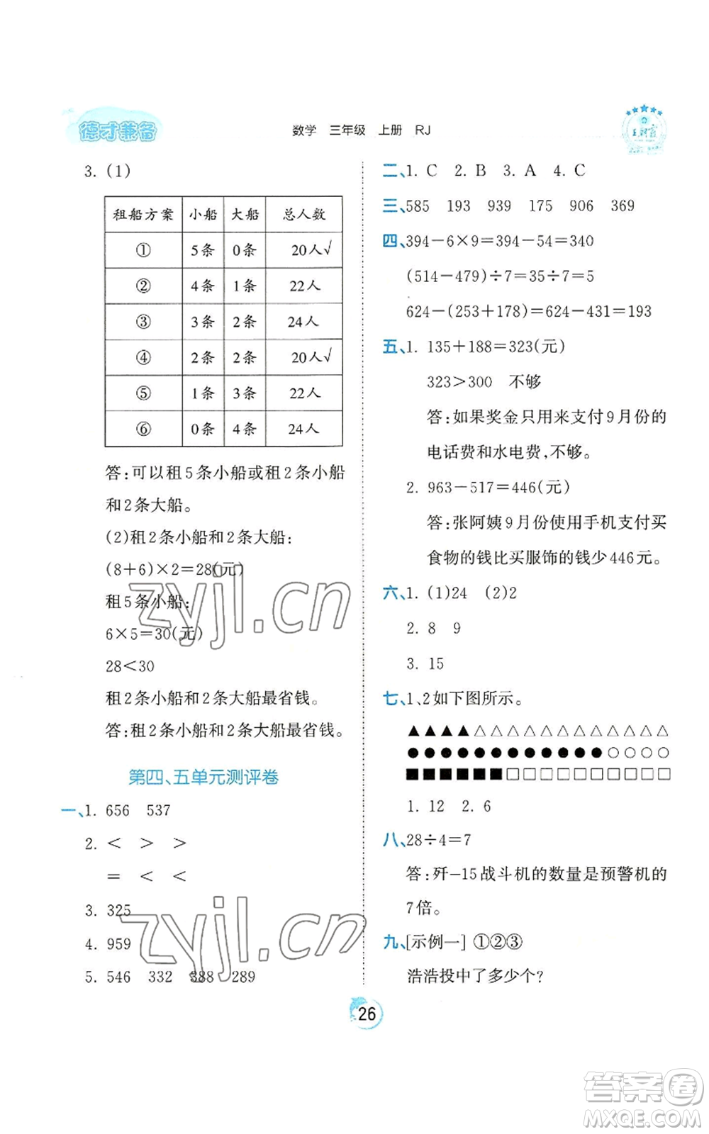 江西人民出版社2022王朝霞德才兼?zhèn)渥鳂I(yè)創(chuàng)新設計三年級上冊數(shù)學人教版參考答案