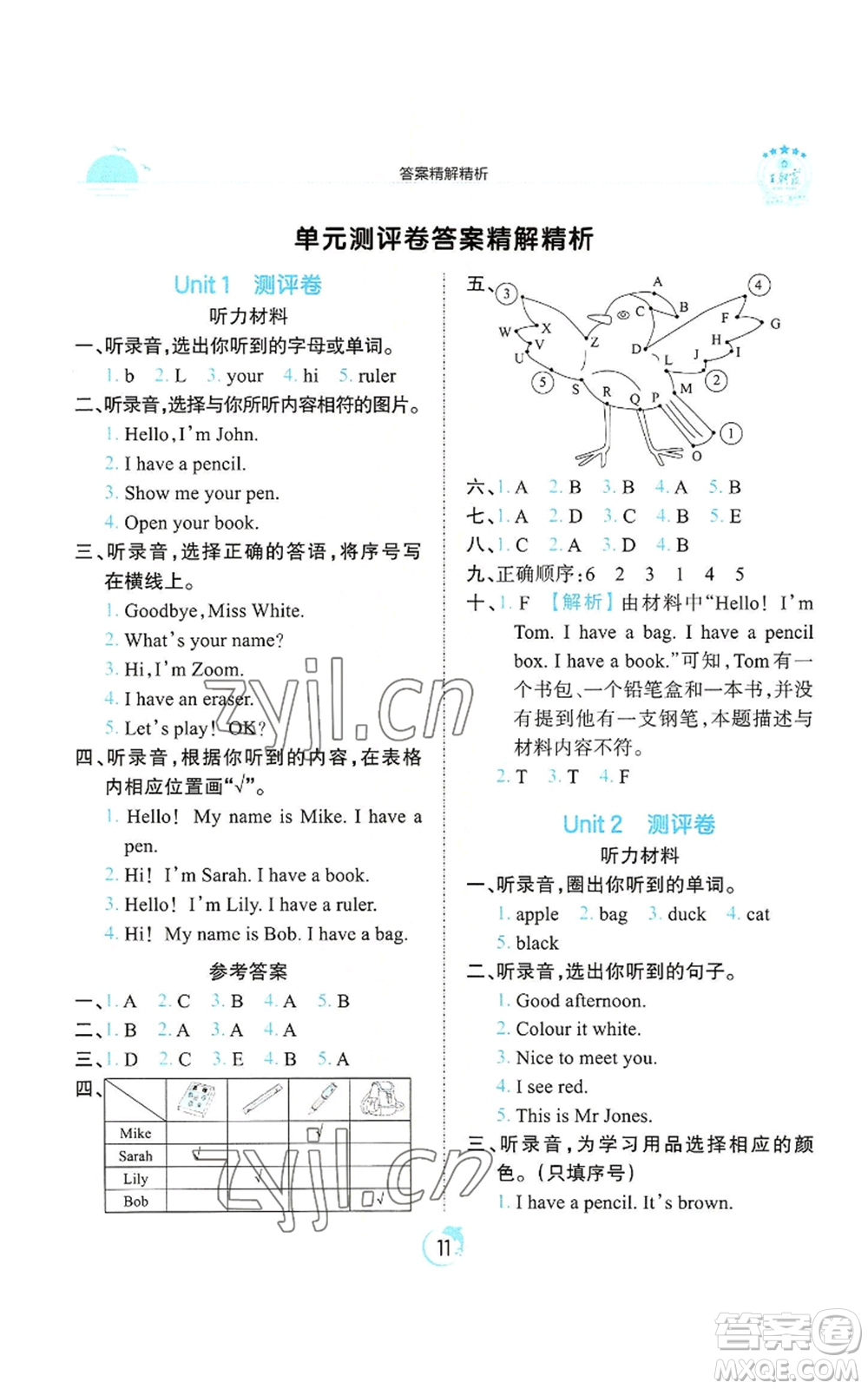 江西人民出版社2022王朝霞德才兼?zhèn)渥鳂I(yè)創(chuàng)新設計三年級上冊英語人教版參考答案