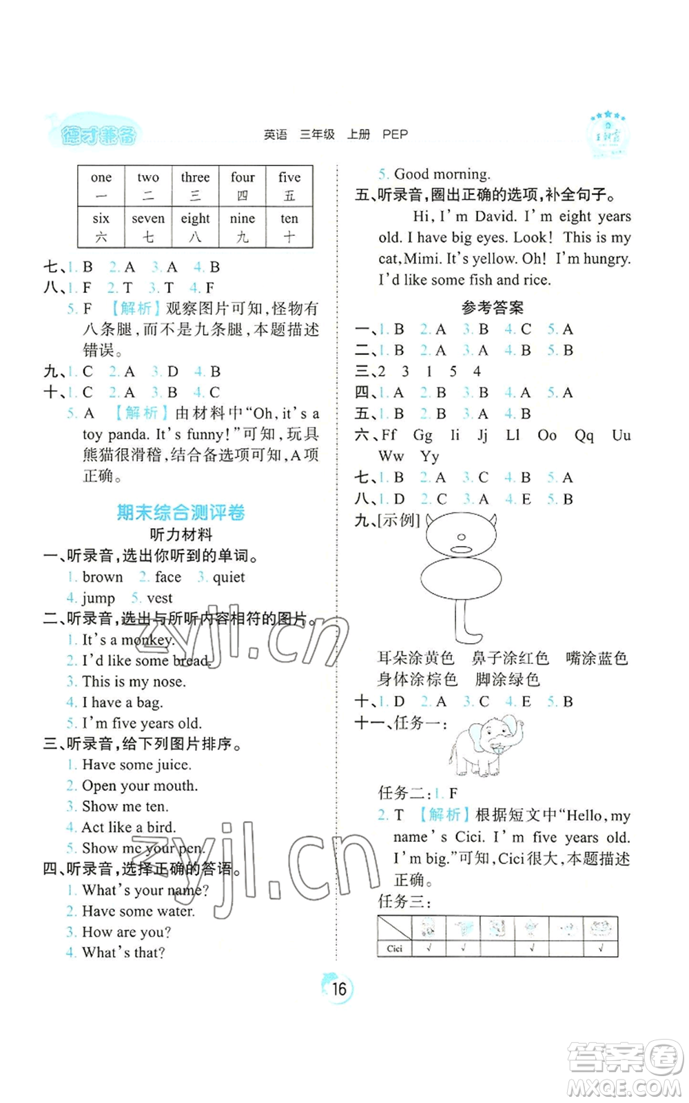 江西人民出版社2022王朝霞德才兼?zhèn)渥鳂I(yè)創(chuàng)新設計三年級上冊英語人教版參考答案