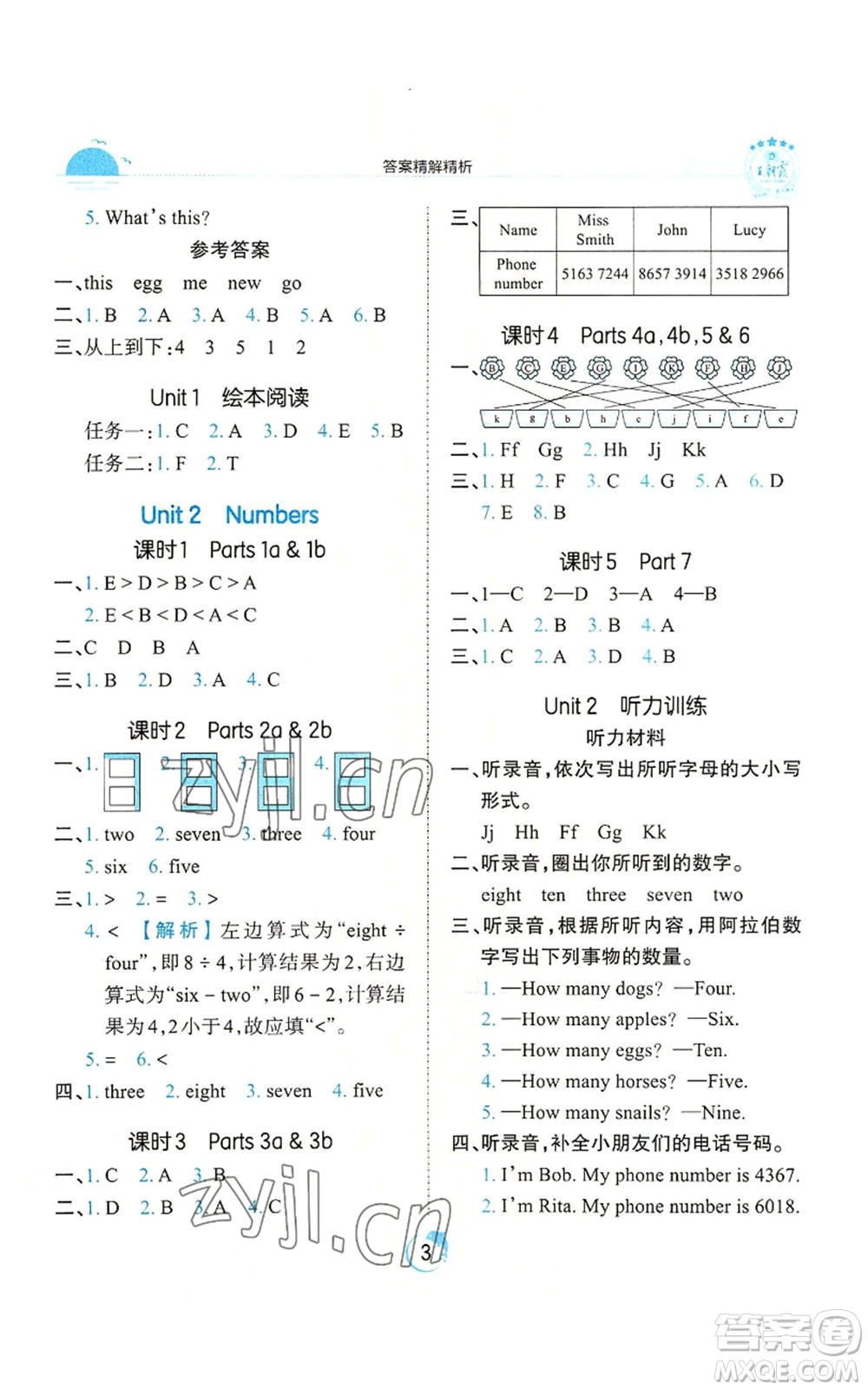 江西人民出版社2022王朝霞德才兼?zhèn)渥鳂I(yè)創(chuàng)新設(shè)計(jì)三年級(jí)上冊(cè)英語(yǔ)劍橋版參考答案