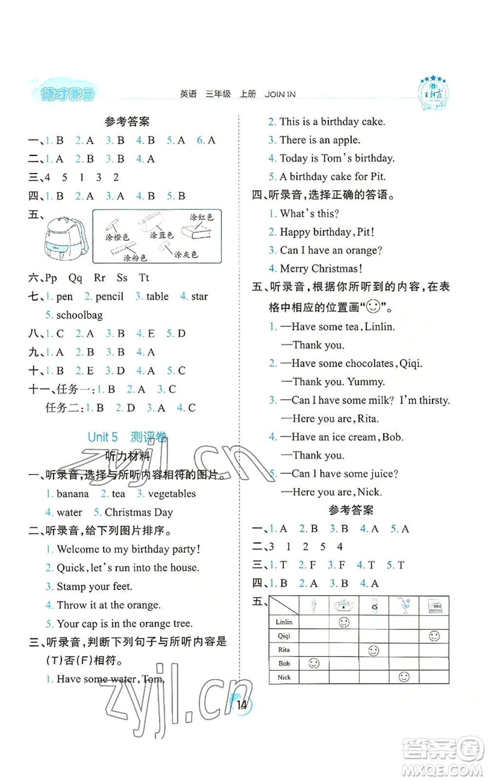 江西人民出版社2022王朝霞德才兼?zhèn)渥鳂I(yè)創(chuàng)新設(shè)計(jì)三年級(jí)上冊(cè)英語(yǔ)劍橋版參考答案