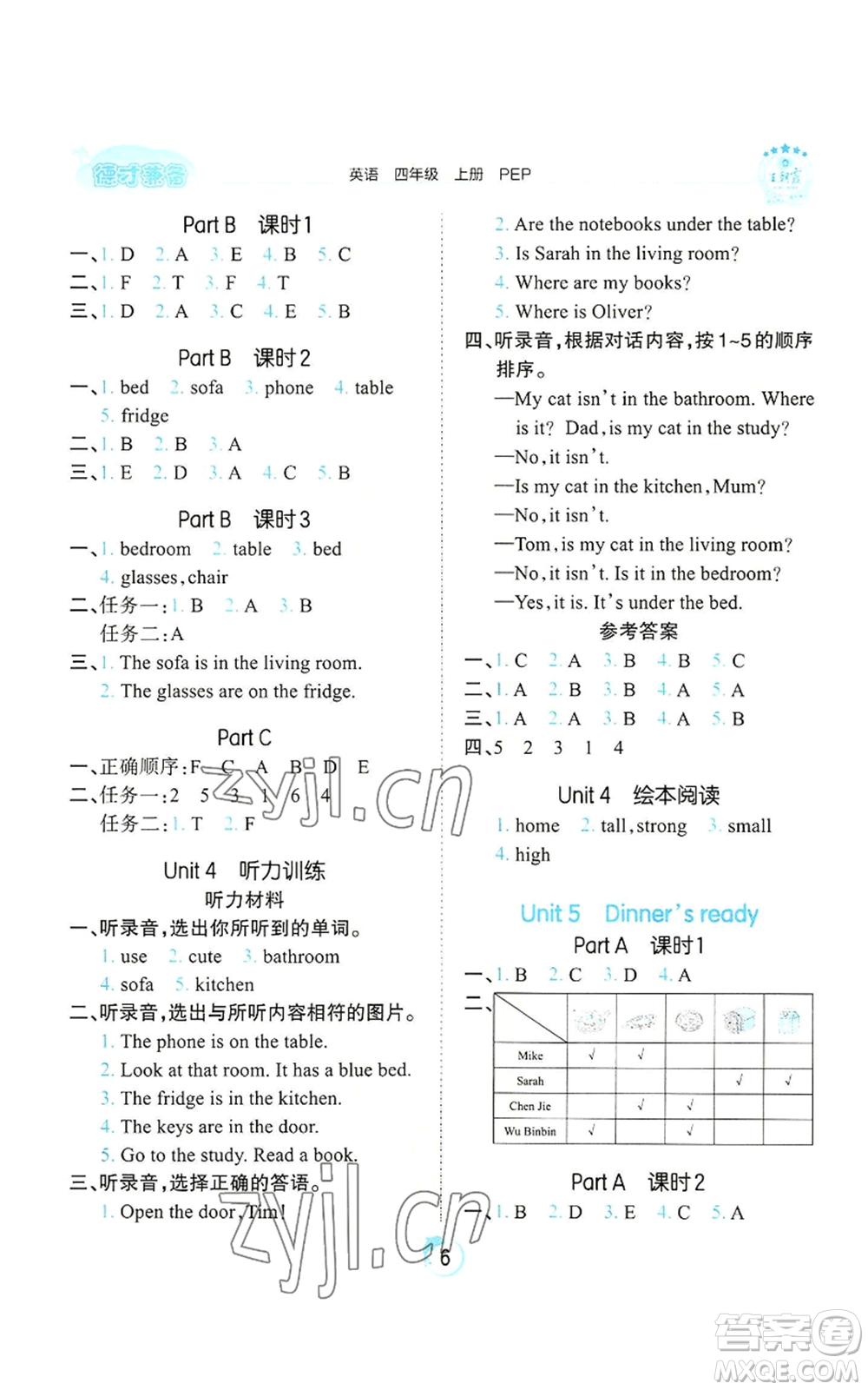 江西人民出版社2022王朝霞德才兼?zhèn)渥鳂I(yè)創(chuàng)新設(shè)計四年級上冊英語人教版參考答案