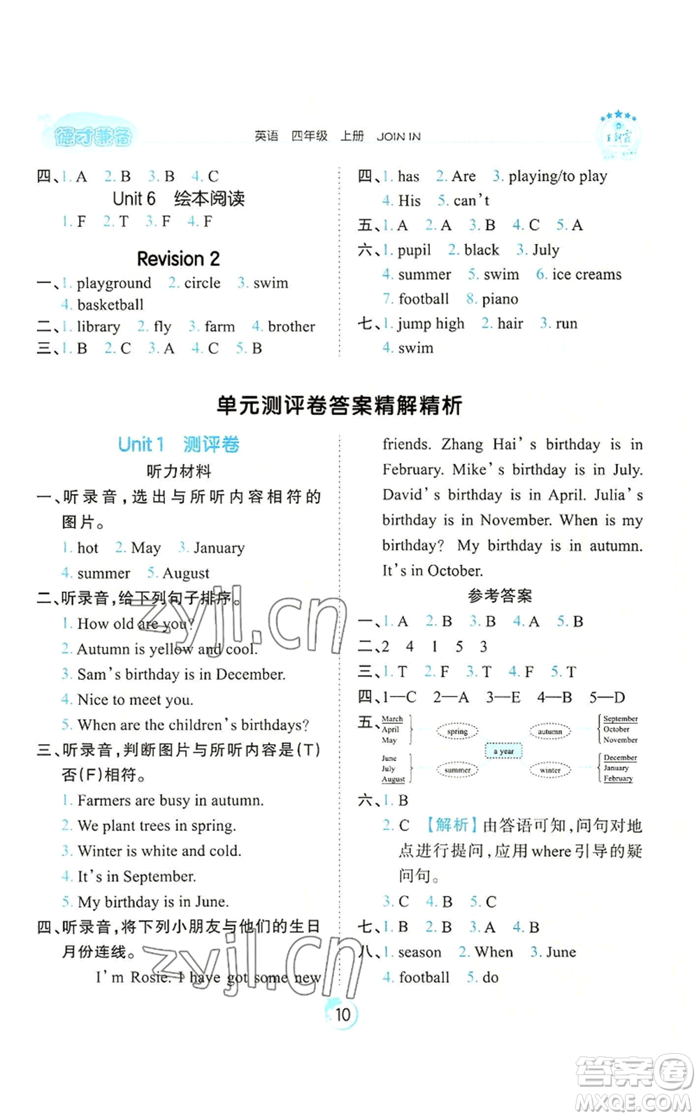 江西人民出版社2022王朝霞德才兼?zhèn)渥鳂I(yè)創(chuàng)新設(shè)計四年級上冊英語劍橋版參考答案