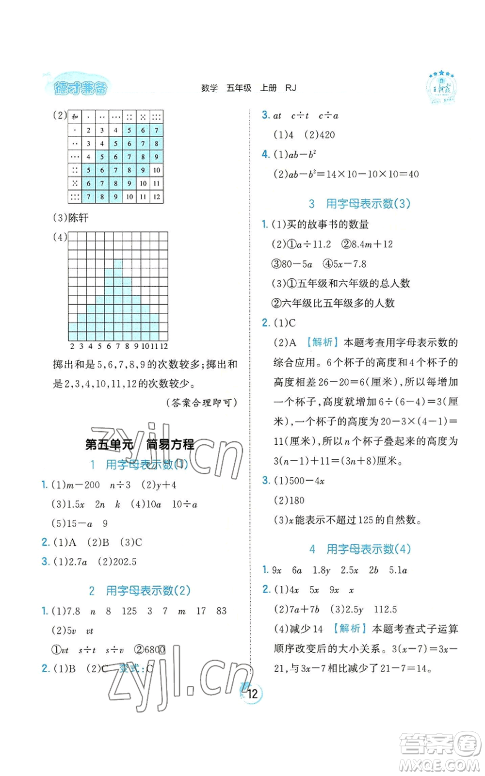 江西人民出版社2022王朝霞德才兼?zhèn)渥鳂I(yè)創(chuàng)新設(shè)計(jì)五年級上冊數(shù)學(xué)人教版參考答案