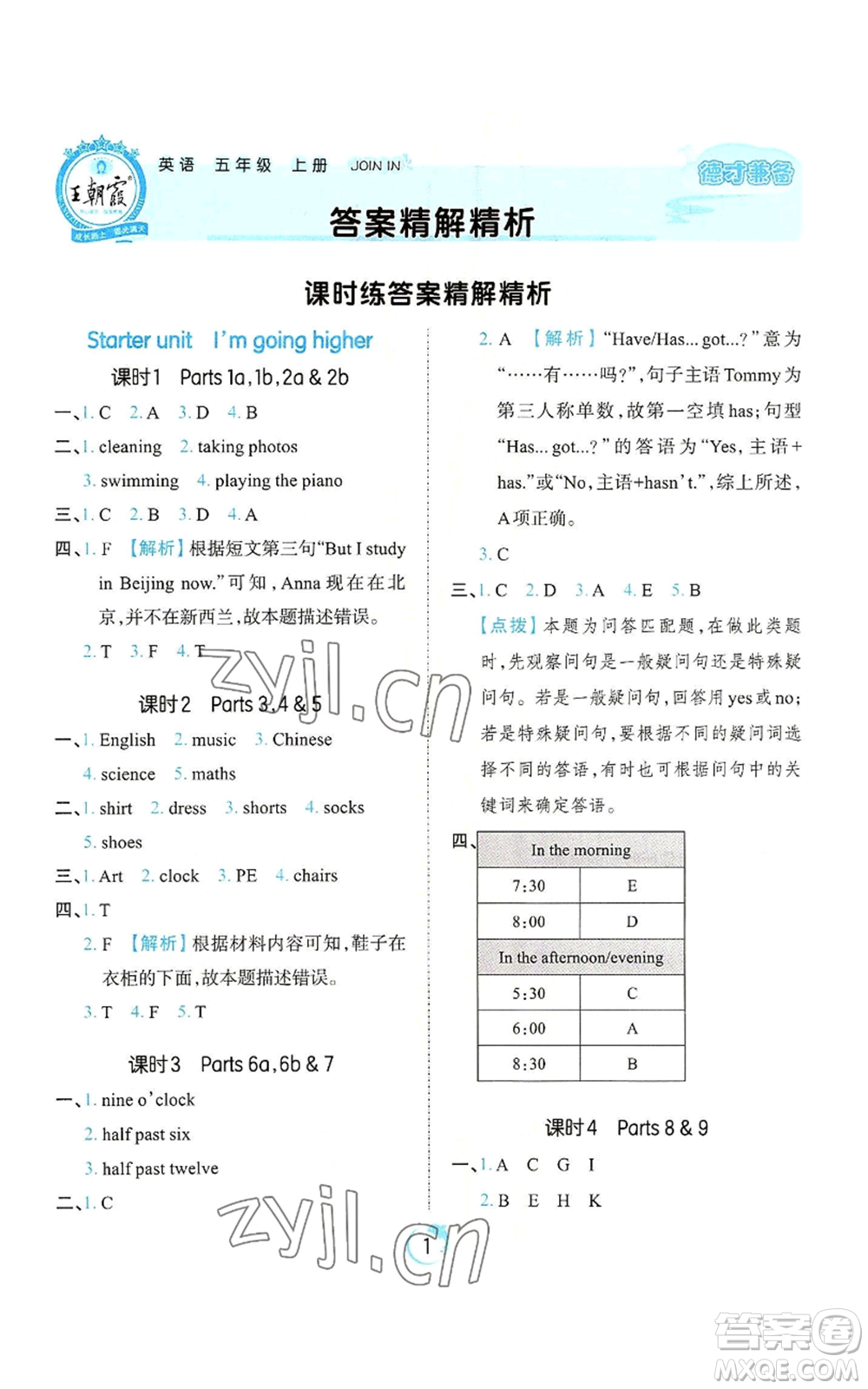 江西人民出版社2022王朝霞德才兼?zhèn)渥鳂I(yè)創(chuàng)新設計五年級上冊英語劍橋版參考答案