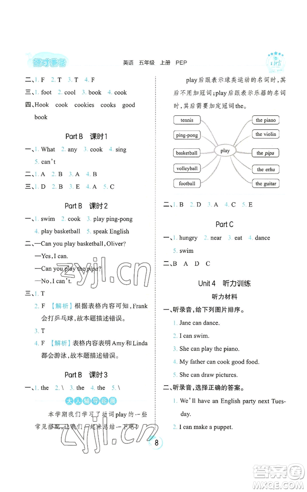 江西人民出版社2022王朝霞德才兼?zhèn)渥鳂I(yè)創(chuàng)新設計五年級上冊英語人教版參考答案