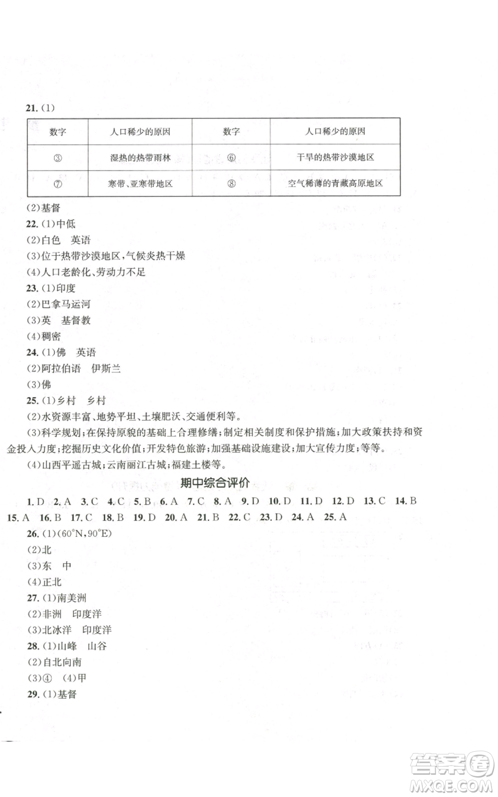 湖南教育出版社2022學(xué)科素養(yǎng)與能力提升七年級上冊地理湘教版參考答案