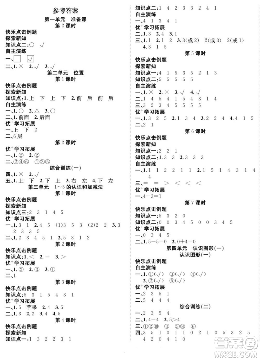 合肥工業(yè)大學(xué)出版社2022快樂學(xué)習(xí)隨堂練數(shù)學(xué)一年級(jí)上冊(cè)RJ人教版答案